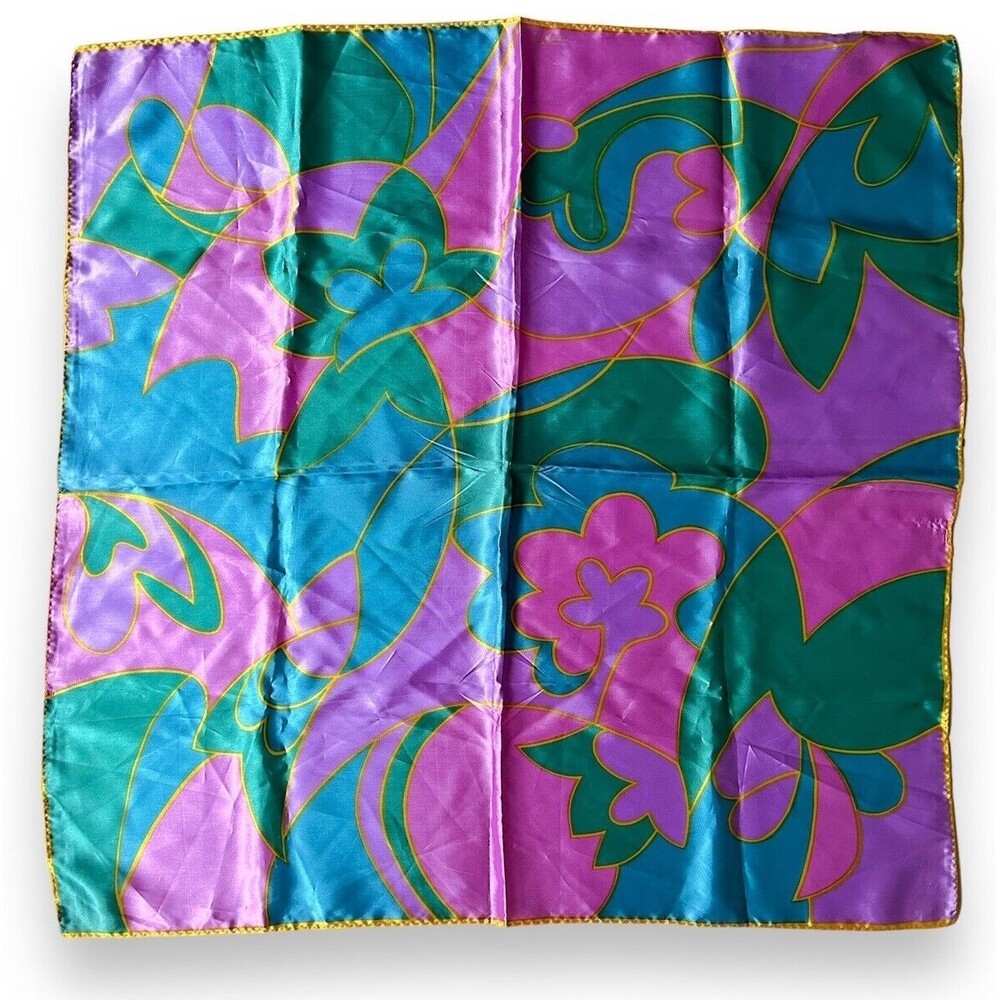 Purple Green Yellow Vintage Scarf Exclusive Design Acetate Satin 27”x27” Japan